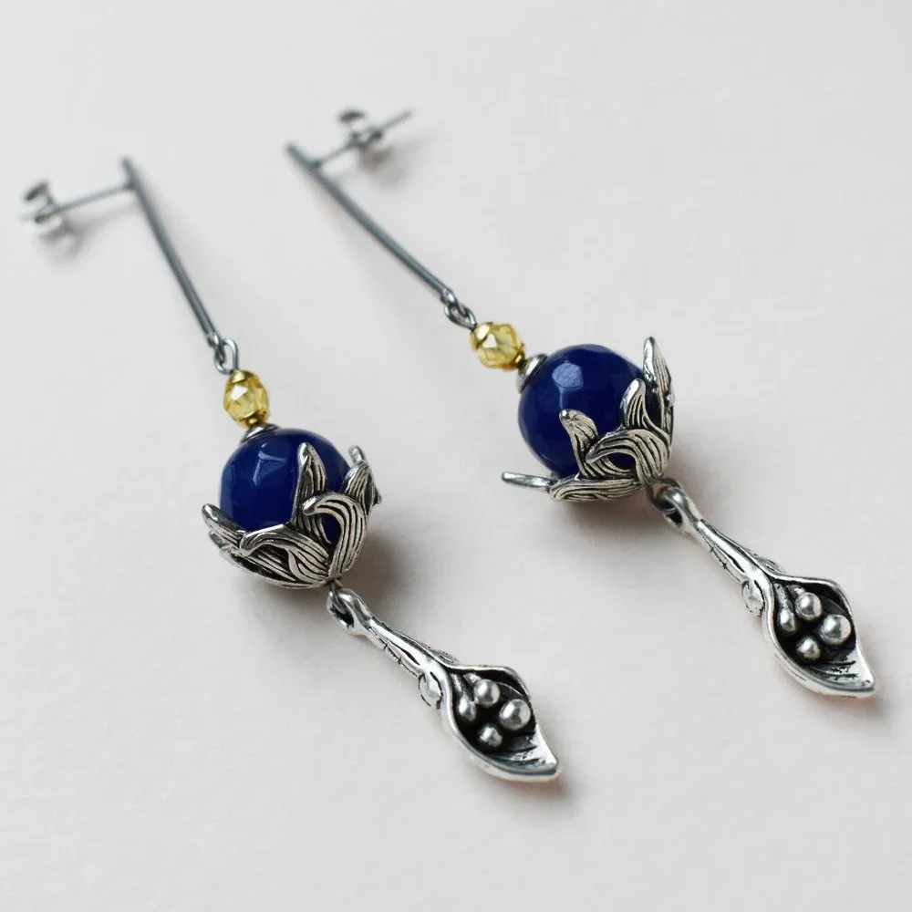 Long massive earrings silver tone, unusual floral dangles